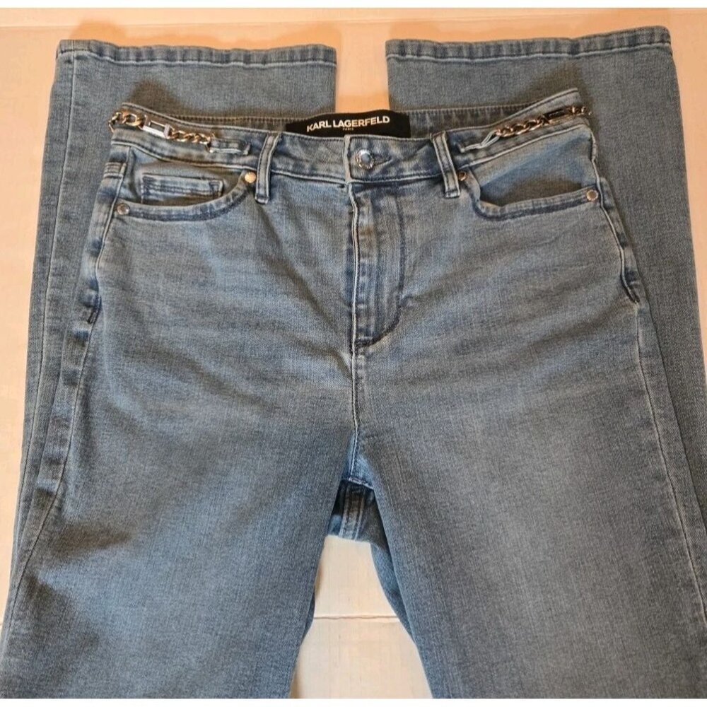 Karl Lagerfeld Womens Blue Jeans 8 Light‎ Wash Boot Cut Silver Chain 31 X 31